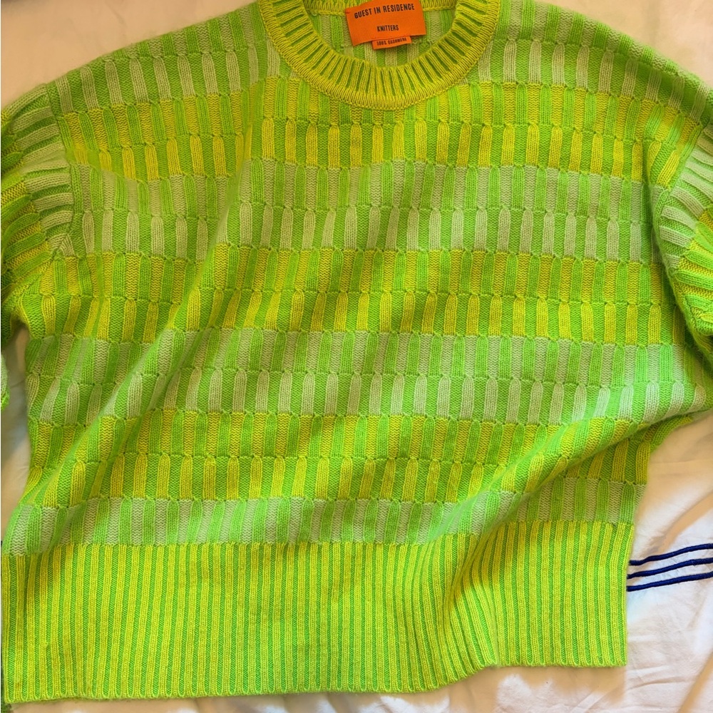 Guest in Residence Neon Green Striped Crewneck Sweater